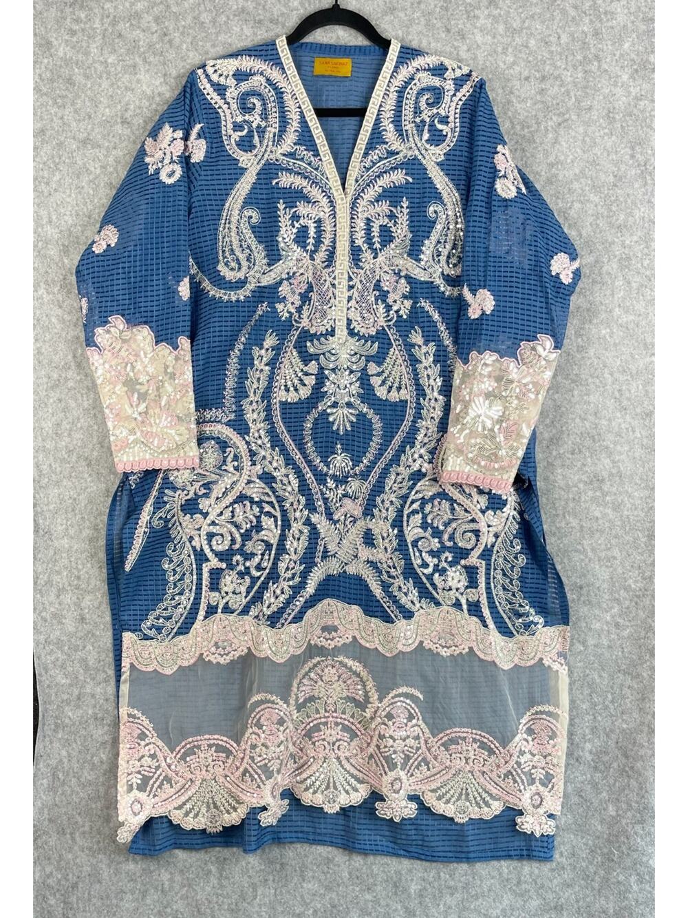 Sana Safinaz Pakistani Kurta Womens XL‎ Blue Embroidered Beaded Sheer Boho